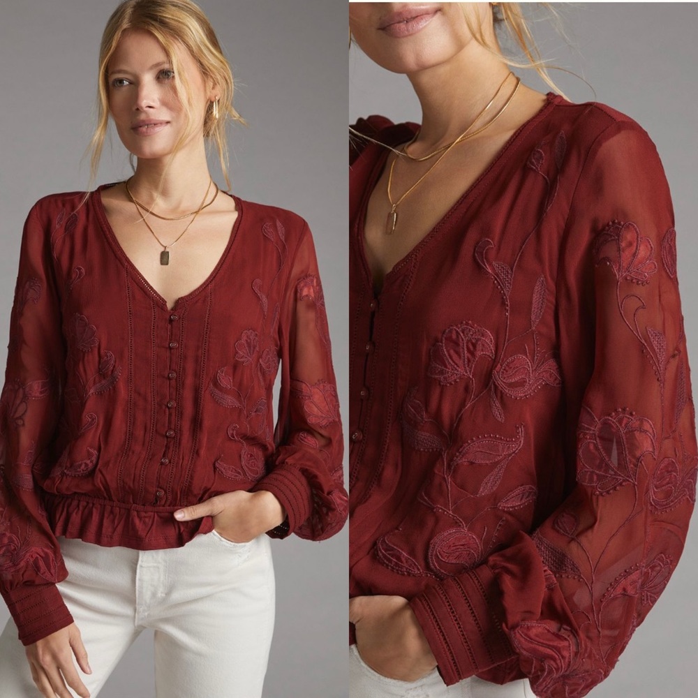 ANTHROPOLOGIE Floral Embroidered Lace long Sleeve Top Blouse
